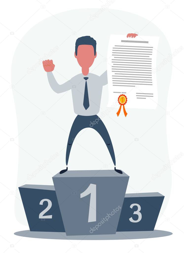Vector illustration of businessman proudly standing on the winning podium holding up an award certificate.