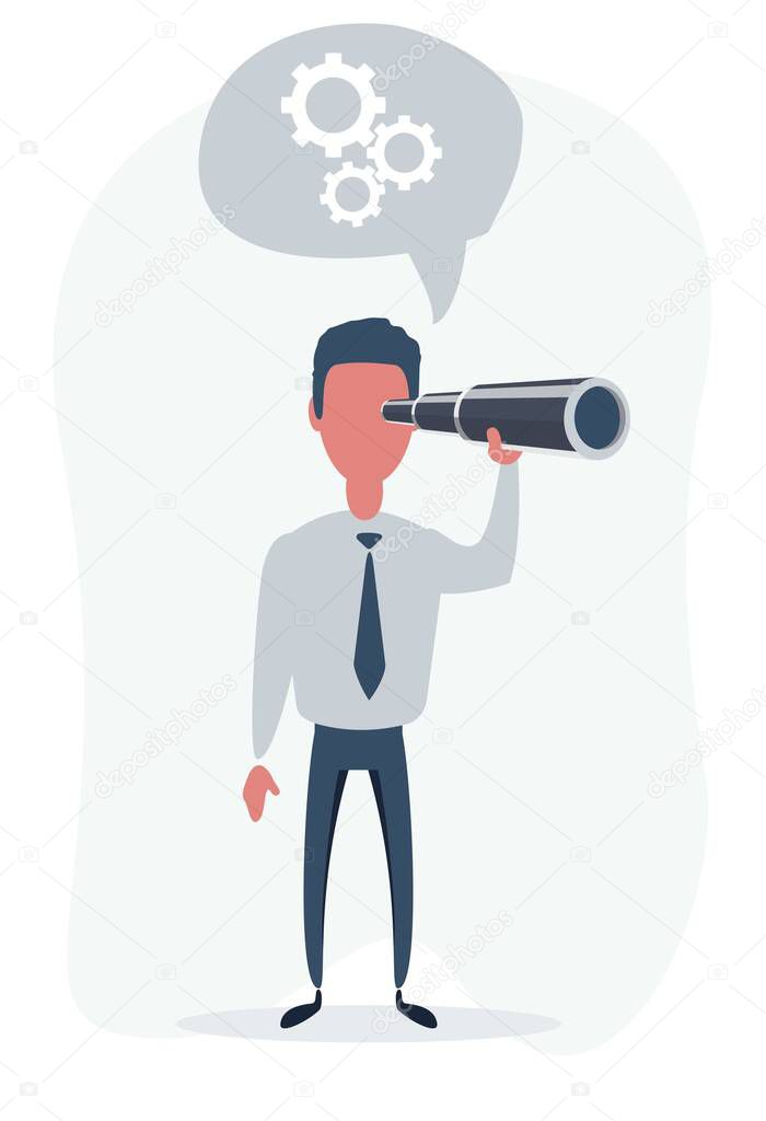 Concentrated businessman looking through the spyglass. Business vision and perspective planning concept.