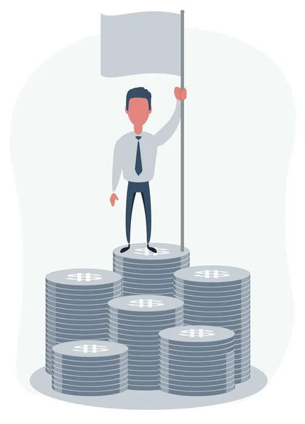 Man with blank flag standing on the top of a pile of money. — Stock Vector