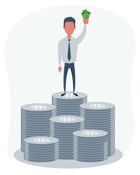 Rich businessman character hold money on the top of a pile of money.. — Stock Vector