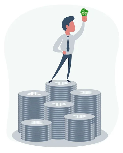 Rich businessman character hold money on the top of a pile of money. — Stock Vector