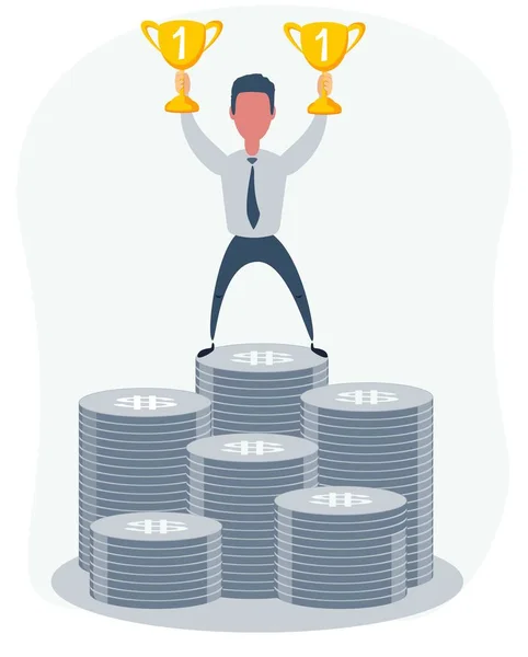 Businessman stands on large stack of coins. — 스톡 벡터