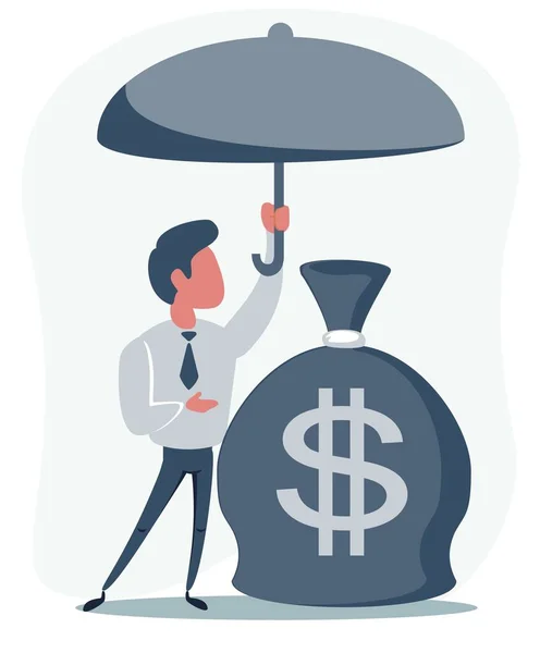 Σχέδιο προστασίας χρημάτων. Μια τσάντα με κέρματα κάτω από μια ομπρέλα. Ασφαλείς επενδύσεις, ασφάλειες. Ασπίδα για προστασία αποταμιεύσεων. Δημοσιονομική ασφάλεια. — Διανυσματικό Αρχείο