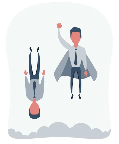 Zakenman superheld vliegt omhoog en laat anderen in de steek. Superarbeider in de mantel neemt af. — Stockvector