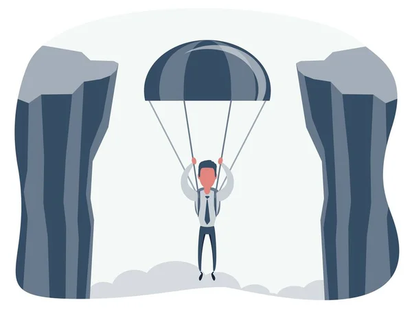 Jonge zakenman landt op de grond met een parachute. Bereik van bedrijfsrisico 's - doelgericht concept. — Stockvector