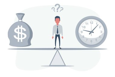 İş adamı saat ve çanta arasında duran bir tahterevalli dolar sembolü ve para ve zamanı dengeliyor..