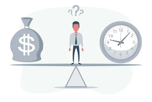 Geschäftsmann steht auf Wippe zwischen Uhr und Tasche mit Dollarsymbol und balanciert Geld und Zeit. — Stockvektor