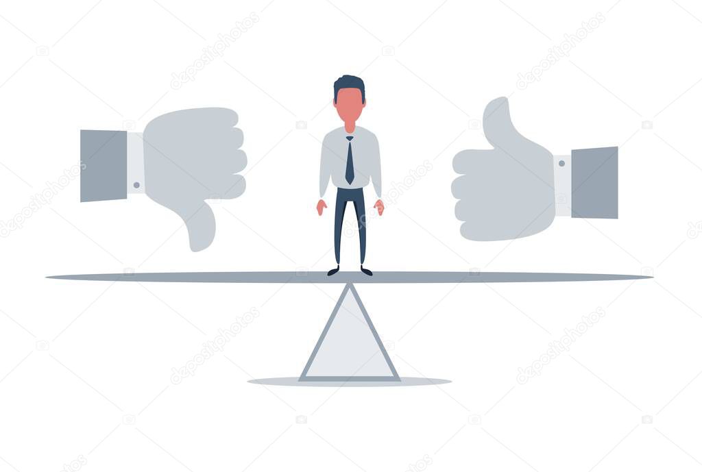 Thumbs up and thumbs down, like and dislike concept. Businessman standing on seesaw.