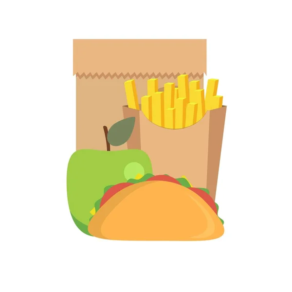 Icone del pranzo, come patatine fritte, panino e mela — Vettoriale Stock