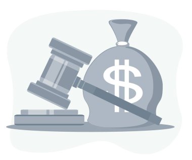 Bir dolar işareti olan bir çanta dolusu para ve yargıç çekici. Bir yasanın ya da normların kabulü için lobi faaliyetleri, yolsuzluk. Para cezaları ve cezaların ödenmesi.