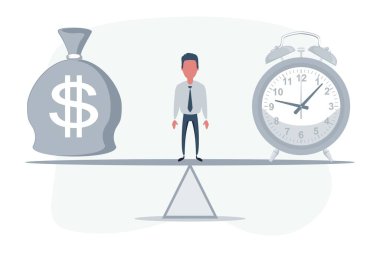 İş adamı saat ve çanta arasında duran bir tahterevalli dolar sembolü ve para ve zamanı dengeliyor..