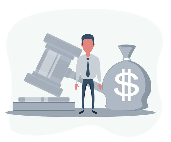 En påse pengar med ett dollartecken och en domarhammare. Begreppet lobbyverksamhet för antagande av en lag eller normer, korruption. — Stock vektor