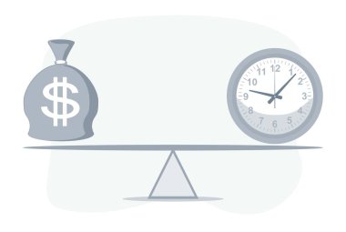Tahterevallinin üzerinde dolar sembolü olan saat ve çanta. Para ve zaman dengesi.