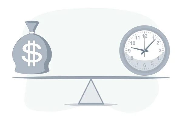 Klok en tas met dollarsymbool op wip. Geld en tijdssaldo. — Stockvector