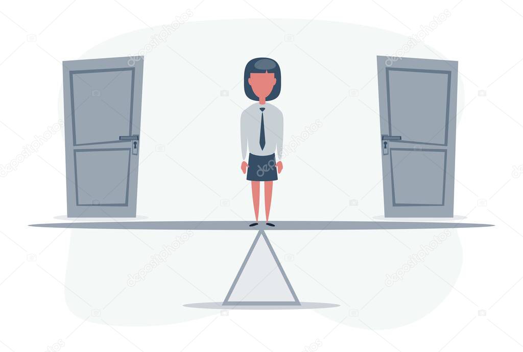 Two doors, Woman unable to make the right decision. Businesswoman standing on seesaw.