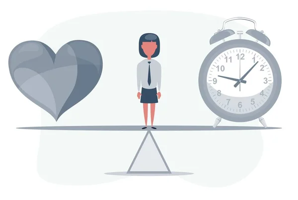 Une horloge et un cœur réunis. Concept de temps et d'amour. Femme debout sur la balançoire . — Image vectorielle