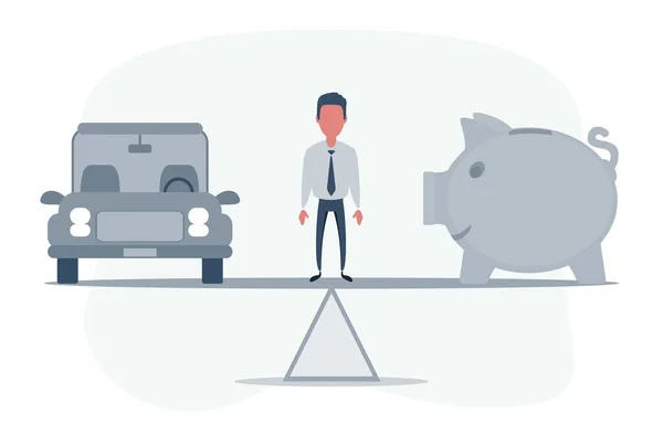 Car, Auto loan or transforming assets into cash concept. Car model, piggy bank on simple balance scale. — Stock Vector
