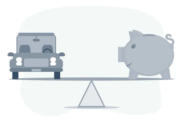 Auto, Autokredit oder Umwandlung von Vermögenswerten in Bargeld Konzept. Automodell, Sparschwein auf einfacher Waage. — Stockvektor