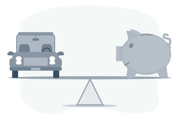 Car, Auto loan or transforming assets into cash concept. Car model, piggy bank on simple balance scale. Stock Vector