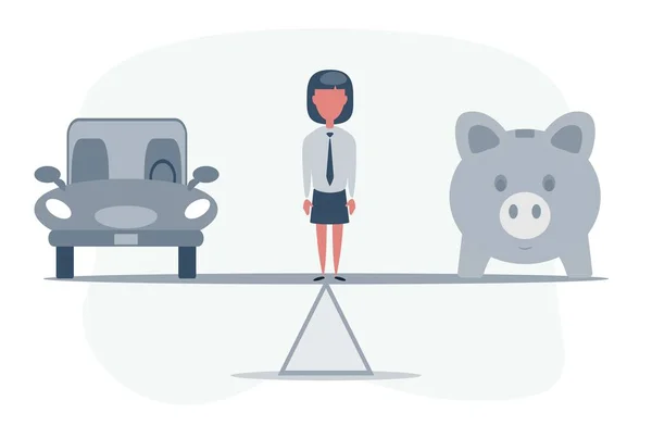 Car, Auto loan or transforming assets into cash concept. Car model, piggy bank on simple balance scale. Royalty Free Stock Vectors