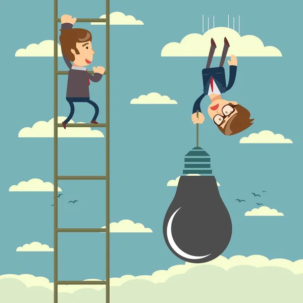幸せなビジネスマンはしごを登るダウン飛んで別のビジネスマンを渡します。競争概念. — ストックベクタ