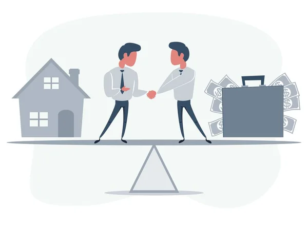 Business partners shaking hands as a symbol of unity. People standing on seesaw. — Stock Vector