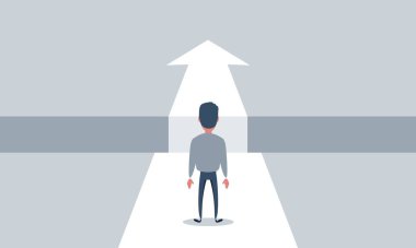 Büyük bir uçurumun üzerinde duran iş adamı sorunuyla ve çözüm vektörü konseptiyle. Engelleri aşmanın sembolü, strateji, analiz, yaratıcılık.