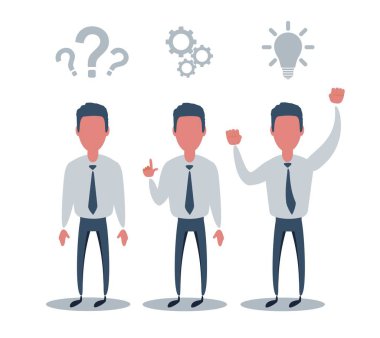 Düşünüyorum. İş adamı, iş dünyasının sorunlarını çözüyor. Poster, tebrik kartı, web sitesi, reklam, iş sunumu, reklam tasarımı için stok illüstrasyonu.