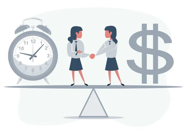 Partner commerciali che si stringono la mano come simbolo di unità. Uomini d'affari in piedi sull'altalena tra orologio e denaro . — Vettoriale Stock