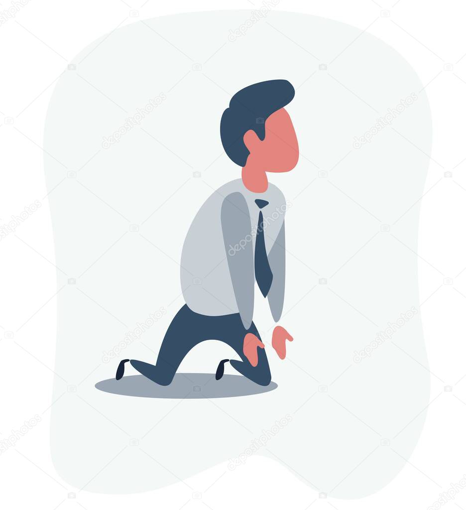 Sad unhappy businessman office worker manager standing on his knees and prey.