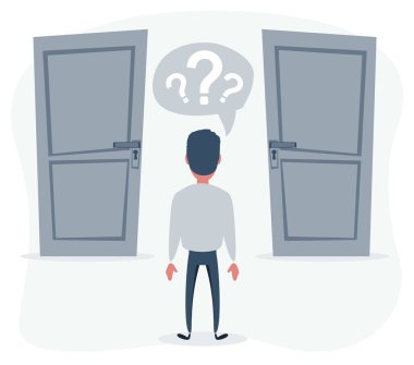 İki kapının önünde duran bir adam kafasında soru işaretleriyle doğru karar veremiyor.
