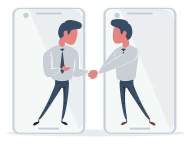 Çevrimiçi anlaşma konsepti. Başarılı pazarlıklardan sonra el sıkışın. Akıllı telefonlar ekranındaki iş adamları. Moda tarzında erkek karakterler ve elementler.