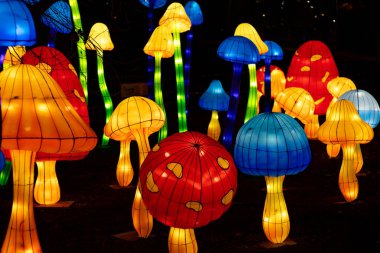 Geceleri güzel renkli geleneksel Çin şenliği dekorasyonları. Farklı şekil ve boyutlarda çok renkli mantar şekilli lambalar..