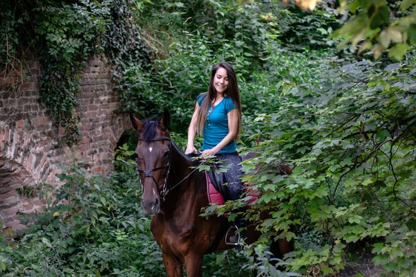 Молодая Красивая Брюнетка Ездит Верхом Лошади Лесу — стоковое фото
