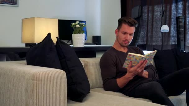En ung, stilig man läser en bok på en soffa i ett mysigt vardagsrum — Stockvideo