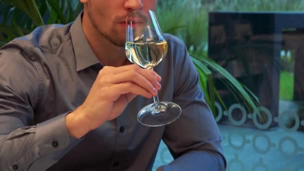 En ung, stilig man sitter vid ett bord på en restaurang, tar en klunk vin och ser sig omkring — Stockvideo