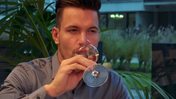 Mladý, pohledný muž sedí u stolu v restauraci, pije víno a usmívá se na kameru — Stock video