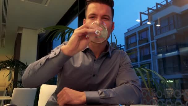 Um homem jovem e bonito senta-se a uma mesa num restaurante e bebe vinho, depois sorri para a câmara — Vídeo de Stock