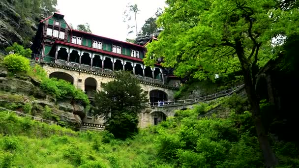 Prague, Tsjechië - 21 mei 2016: Mensen klimmen trappen op en af naar een groot gebouw in een forest — Stockvideo