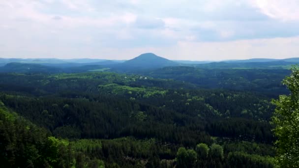 Rozsáhlé lesní plochy, hory v pozadí - pohled shora — Stock video