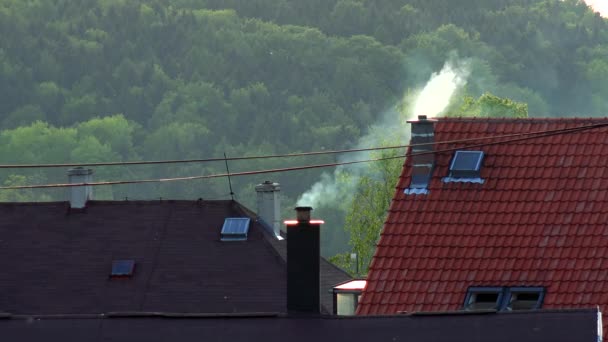 El humo sube de la chimenea de una casa de campo - una colina cubierta de un bosque en el fondo — Vídeos de Stock