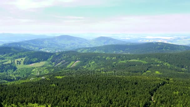 Uma vasta área de floresta montanhosa, o céu brilhante no fundo vista superior — Vídeo de Stock