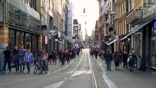 Människor som vandrar i upptagen street — Stockvideo