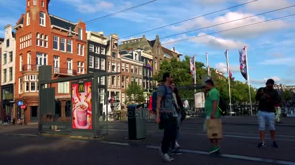 Люди, стоящие возле трамвайной остановки — стоковое видео