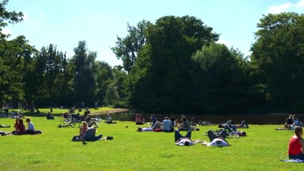 Люди сидят и гуляют в парке — стоковое видео
