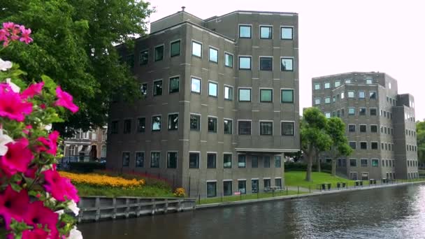 Gebäude am Fluss im Stadtgebiet — Stockvideo