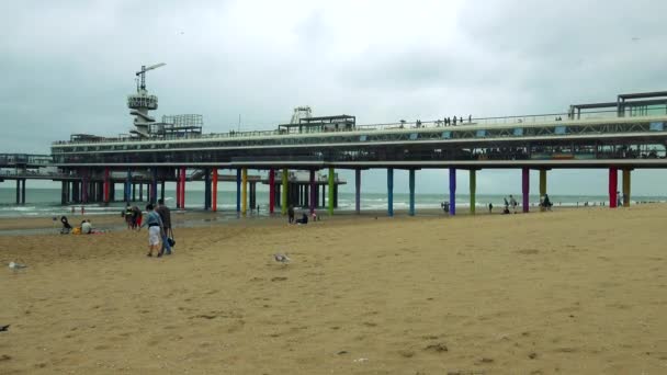 People on beach on cloudy day — Stock Video