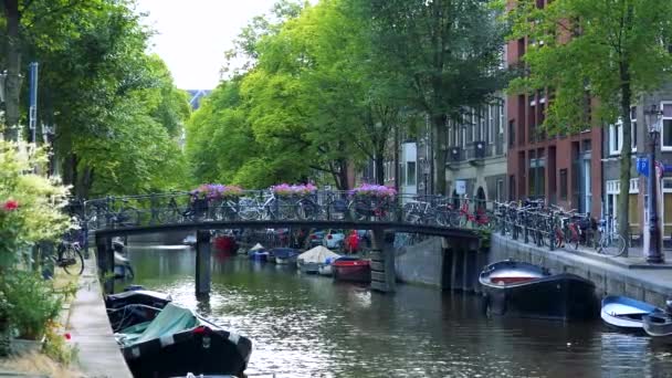 Båtar på floden i staden — Stockvideo