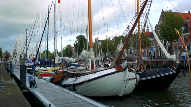 Boats parked in a row at a wharf — Stock Video