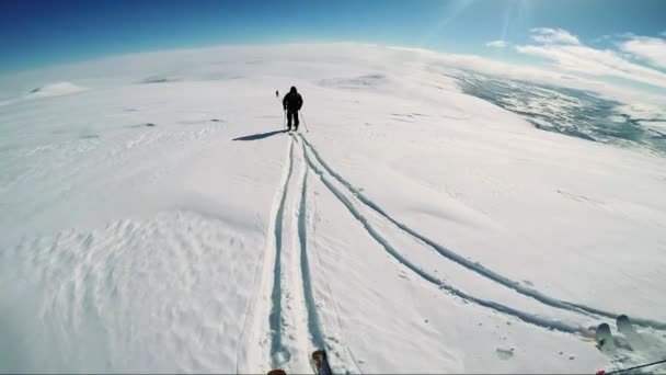 Homme skieur se prépare pour le ski en montagne — Video